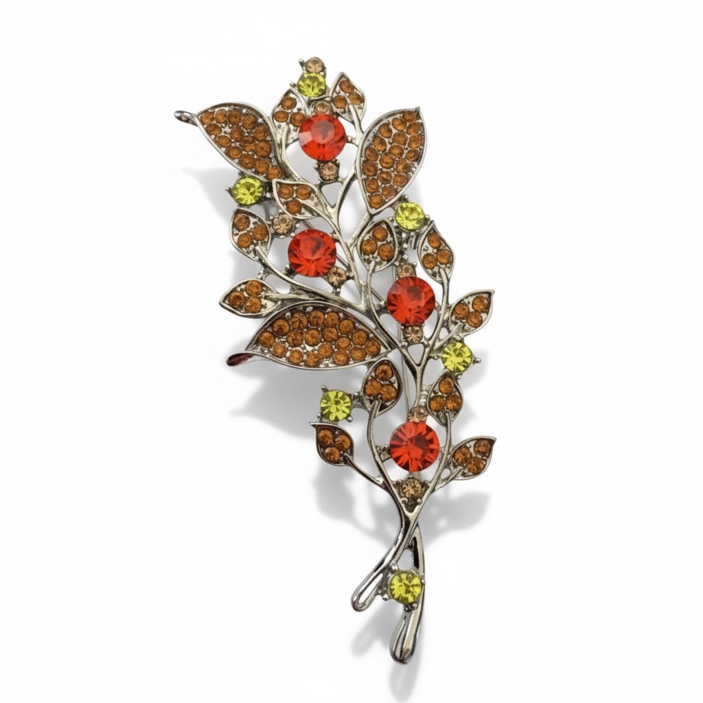 Vintage Danbury Mint Leaf Brooch | Orange & Peridot Rhinestone Gold Tone Pin
